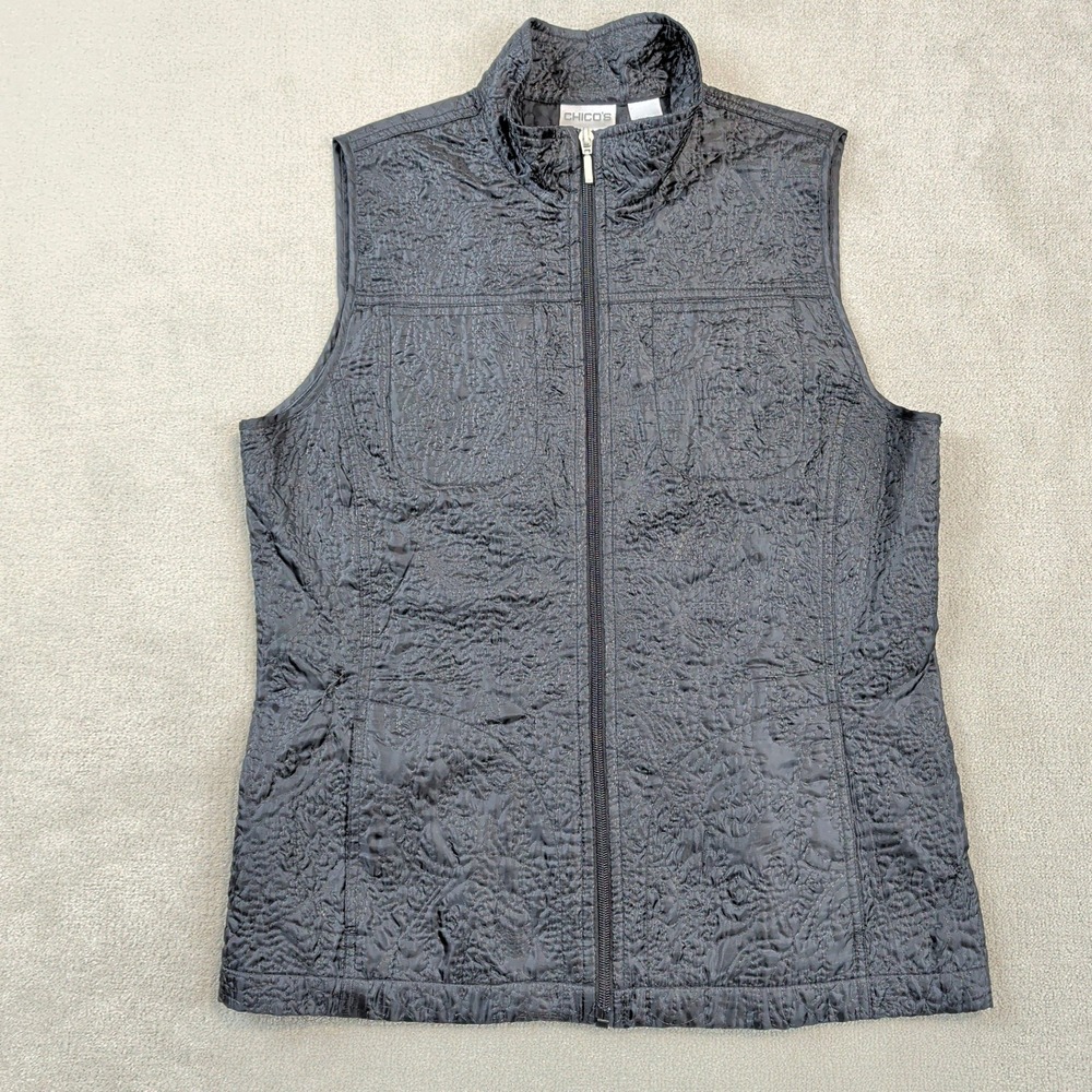 Chico's Vest Size 1 Medium Women Black Textured Jacquard Zip Front Mock Neck